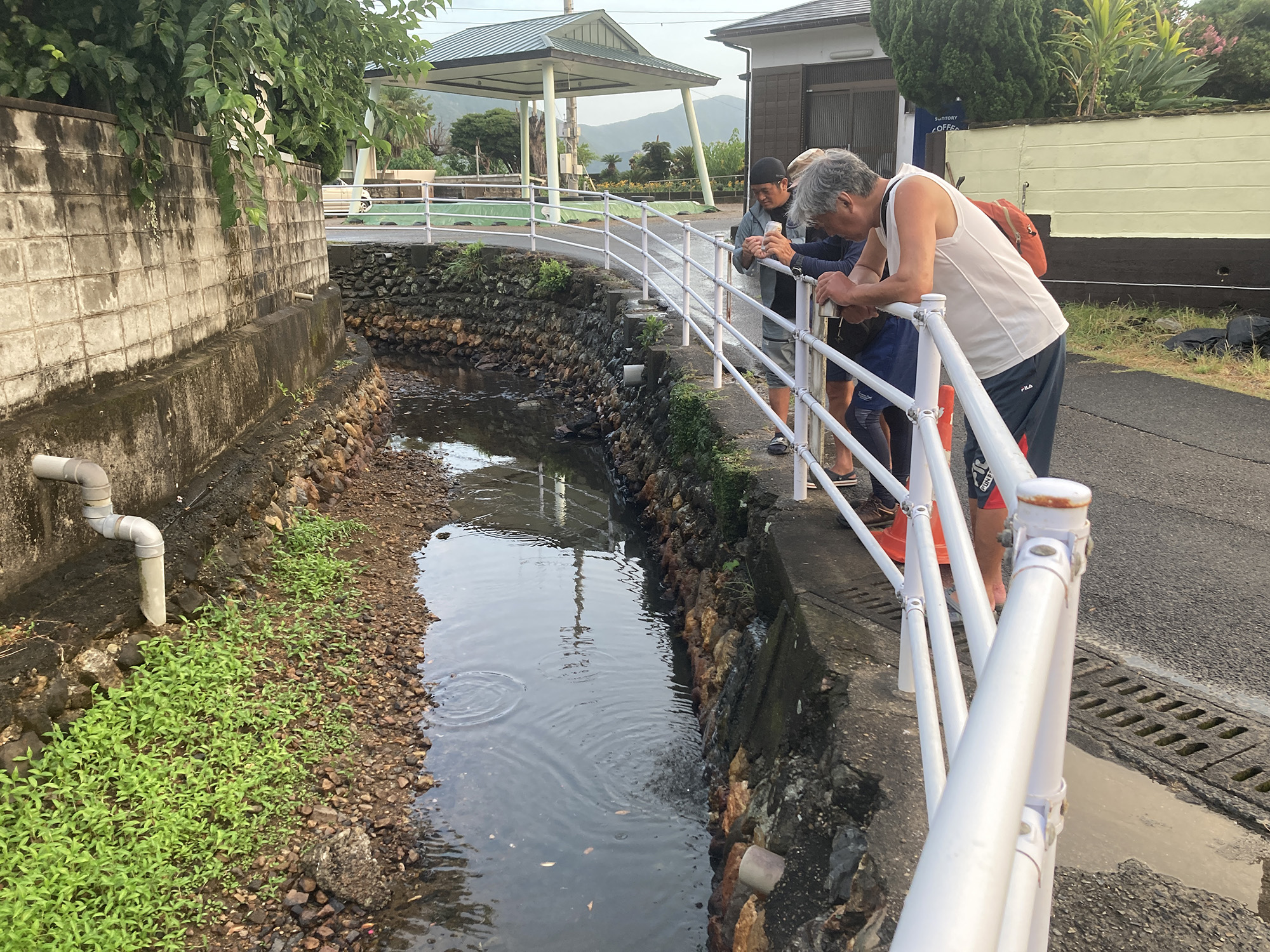 「茂岡酒店」の前にある大うなぎが住むという川の写真。